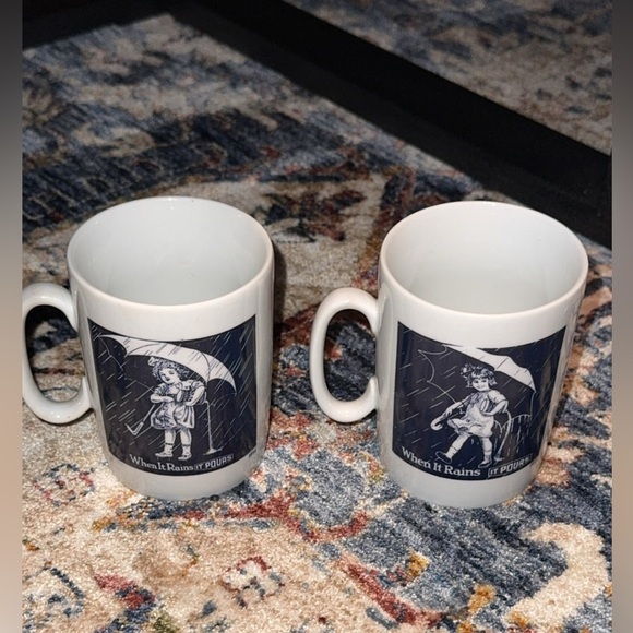 Vintage Morton Salt Girl Coffee Cup Mug When It Rains It Pours Umbrella Set of 4 - Picture 8 of 14